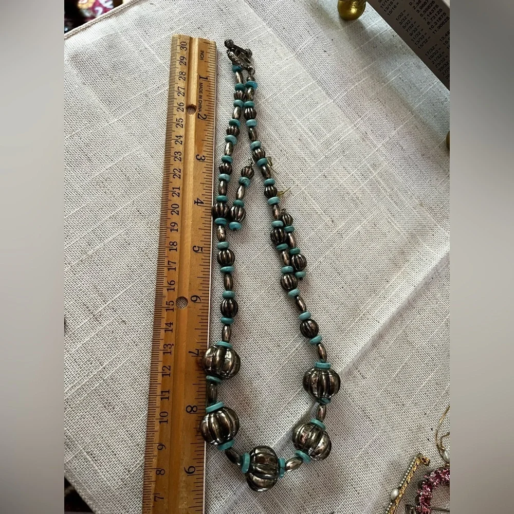 Silver and Turquoise Beaded Necklace and Earring Set vintage